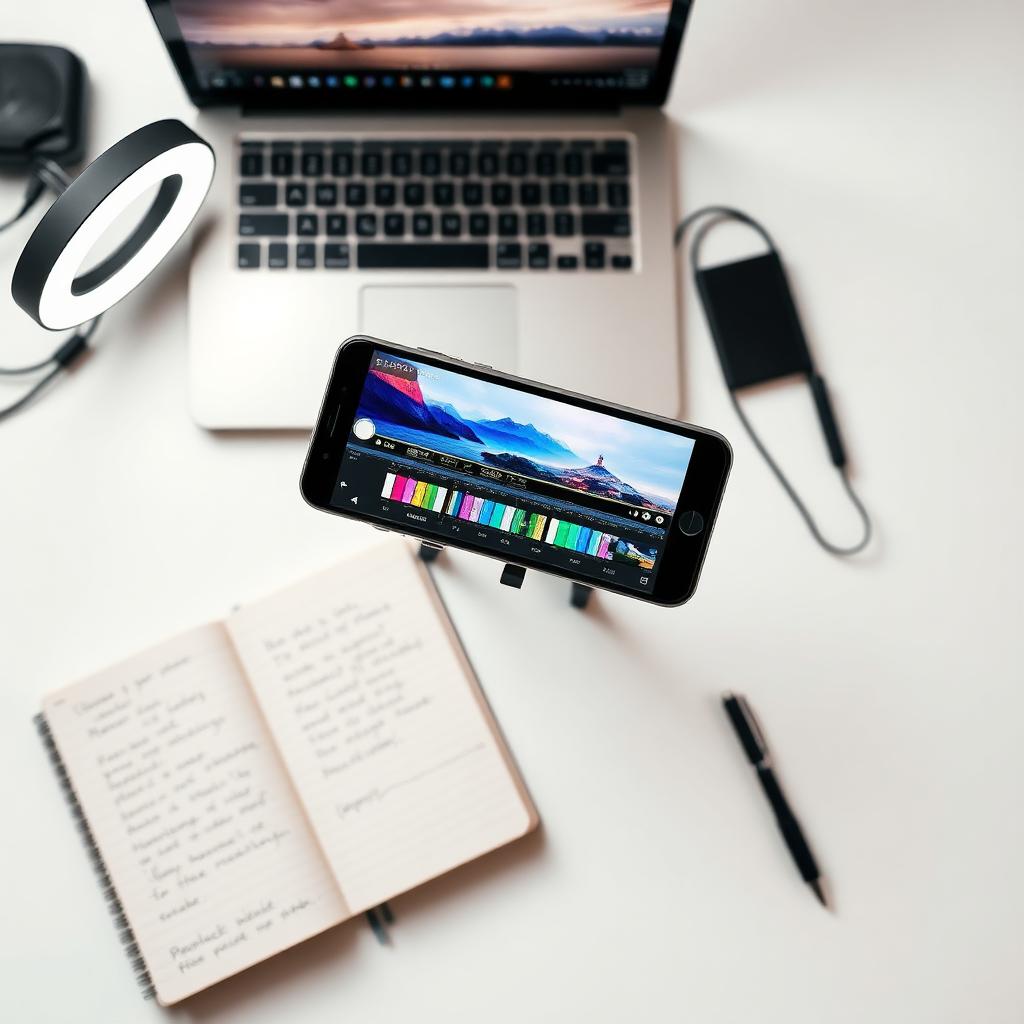 A content creation workspace with phone, ring light and notebook.