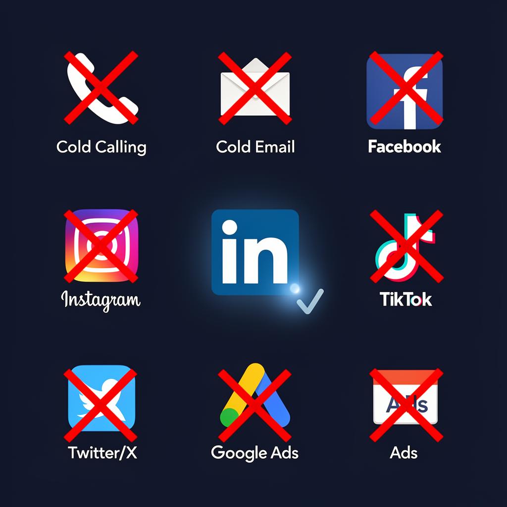 Various B2B platforms crossed out with X marks — only LinkedIn remains as the viable choice.