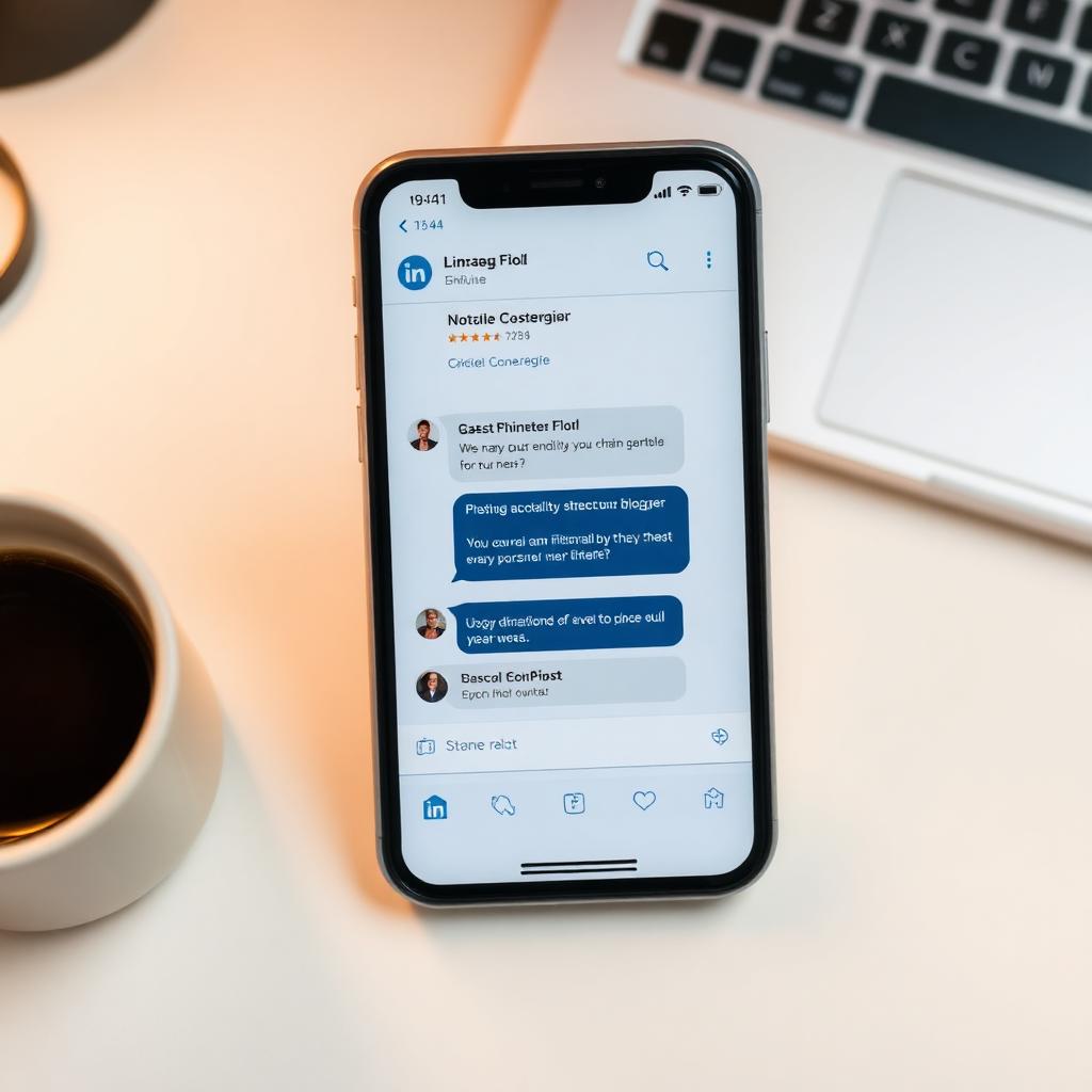 A phone showing a LinkedIn chat conversation on a desk.